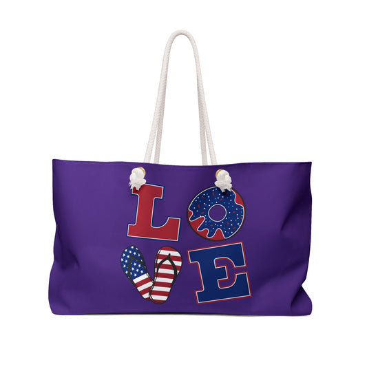 Patriotic Weekender Bag - Perfect for Travel, Beach Days, or Summer Celebrations, Love Design, USA Pride, Vacation Tote